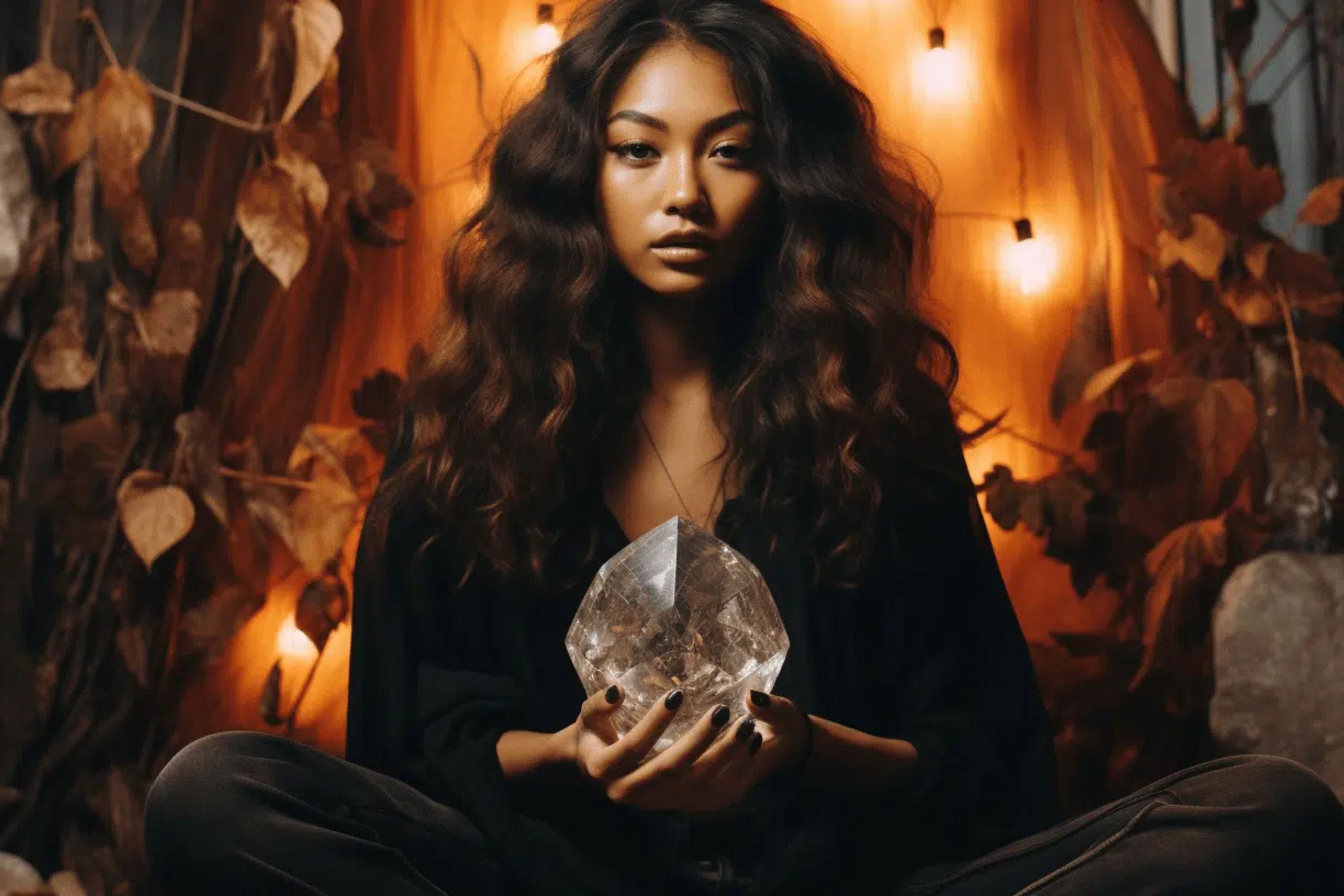 Femme assise en tailleur tenant une grosse pierre naturelle entre ses mains dans une ambiance d'Halloween en fond.