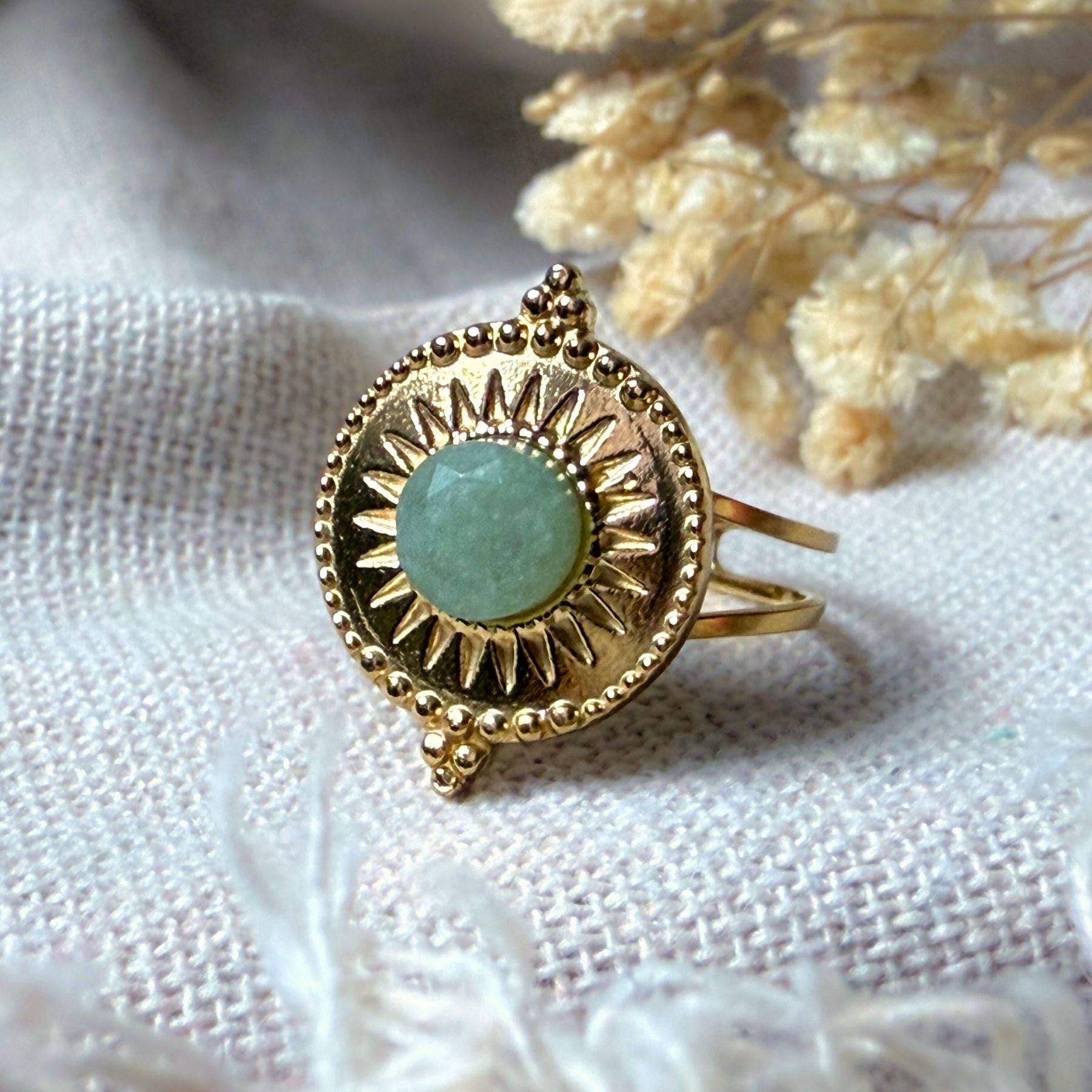Bague Aventurine Argentée Taille 17 – Pierre Verte Naturelle – Alliage – Ronde – Neuf Avec étiquettes