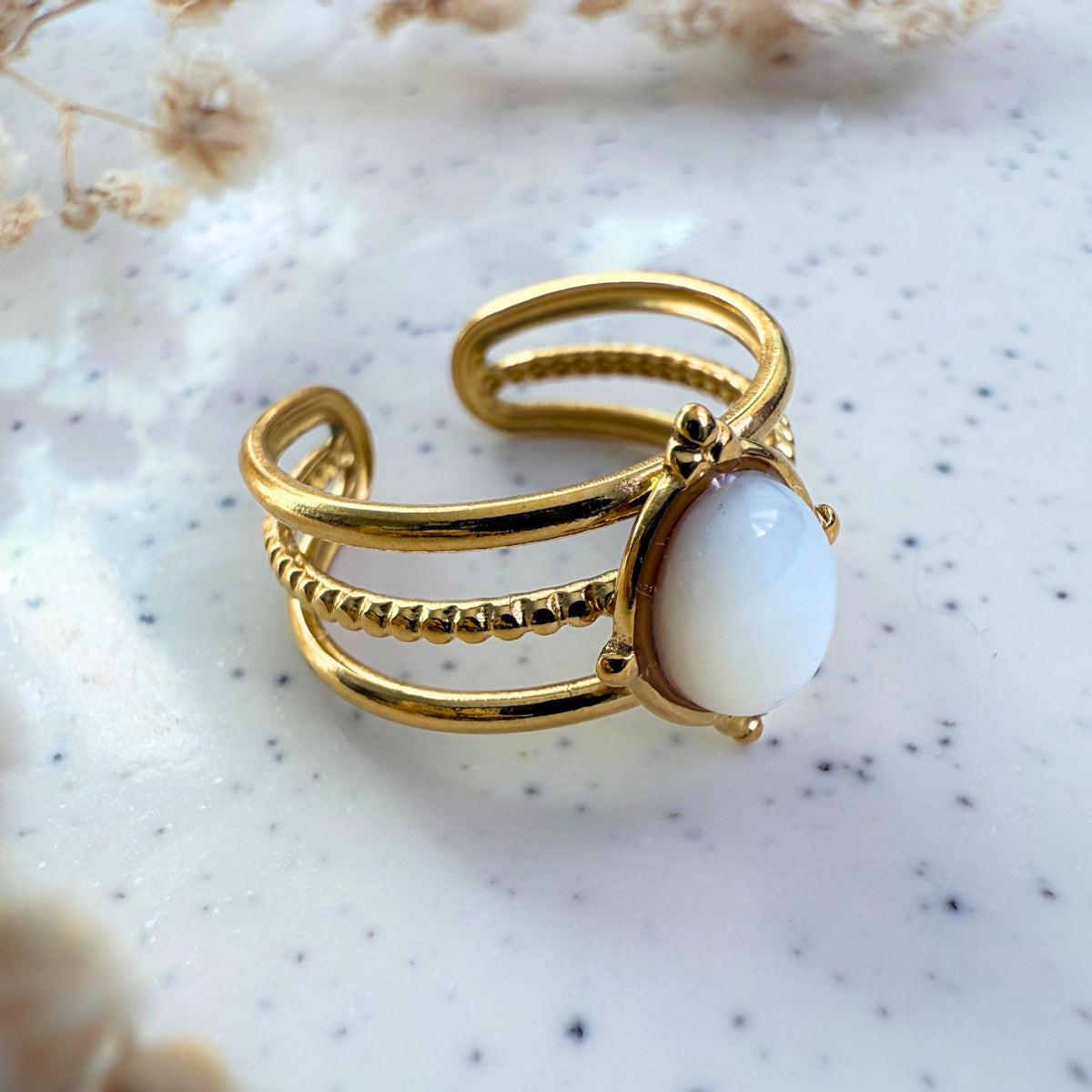 Bague Fantaisie Ouverte Métal Doré Avec 2 Perles Nacrées - Taille 54-55 - Neuf Sans Boîte