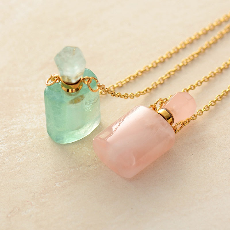 Collier diffuseur de parfum en Quartz rose / Aventurine verte