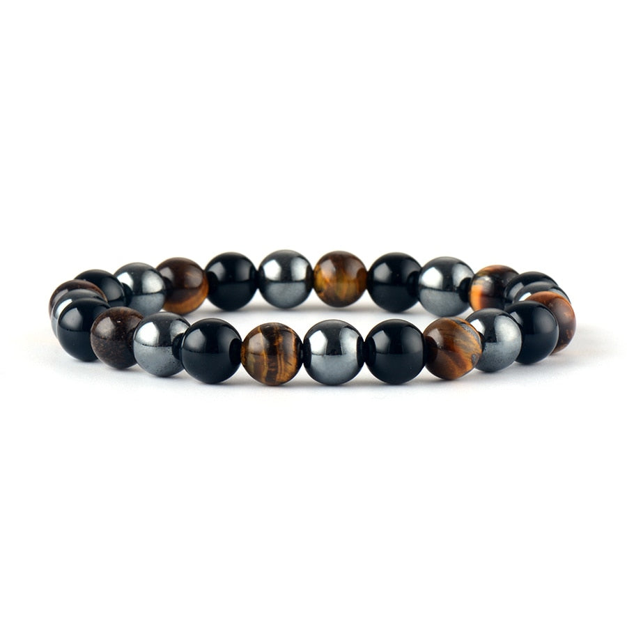 Bracelet en Œil de tigre, Agate noire et Hématite