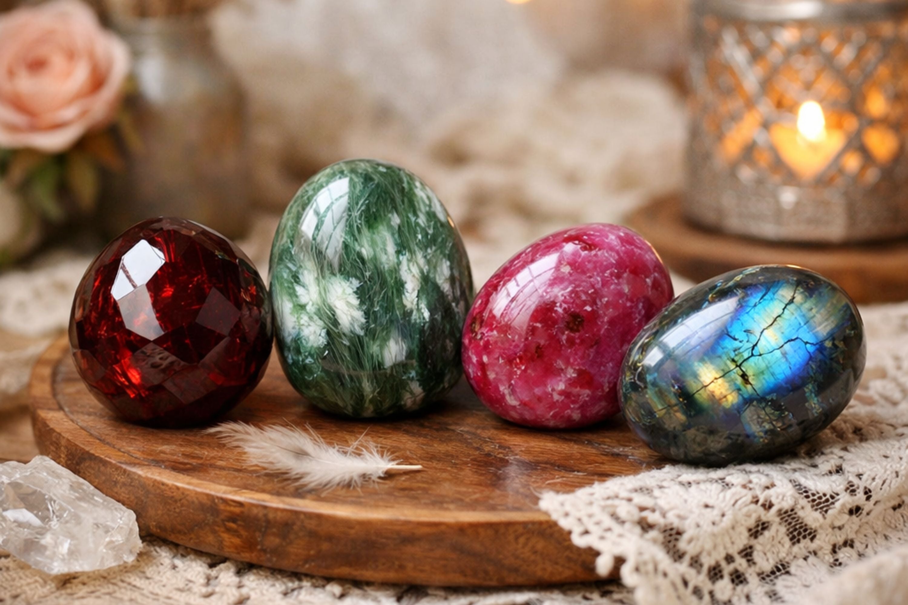 4 pierres naturelles disposées sur un support en bois dans une ambiance cosy bien-être