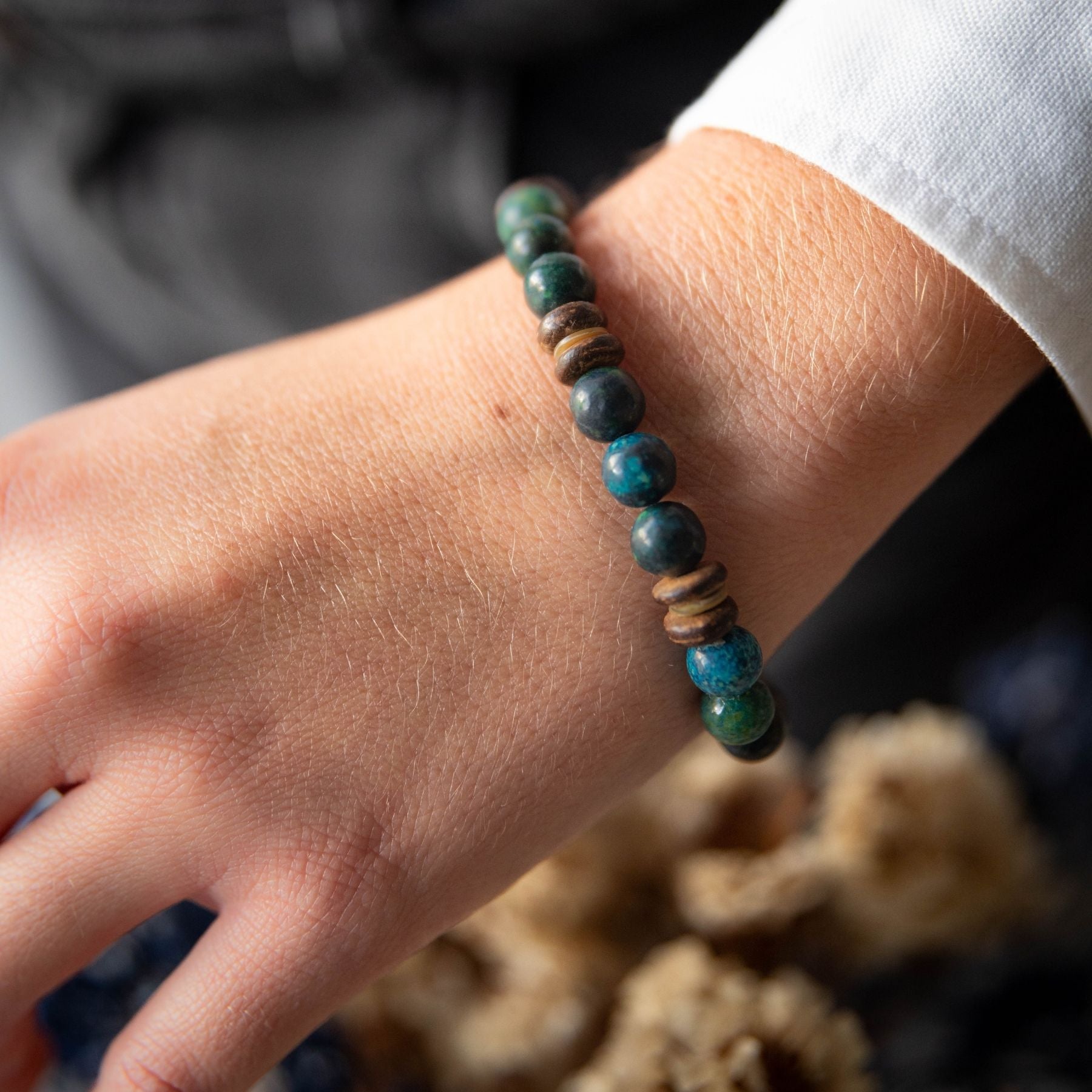 Bracelet en Chrysocolle, Nacre et Bois