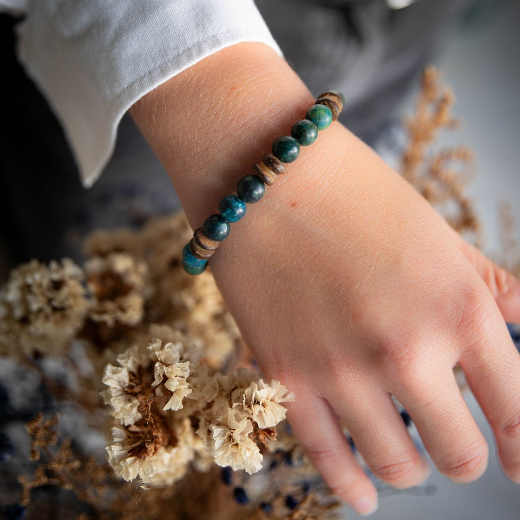 Bracelet en Chrysocolle, Nacre et Bois