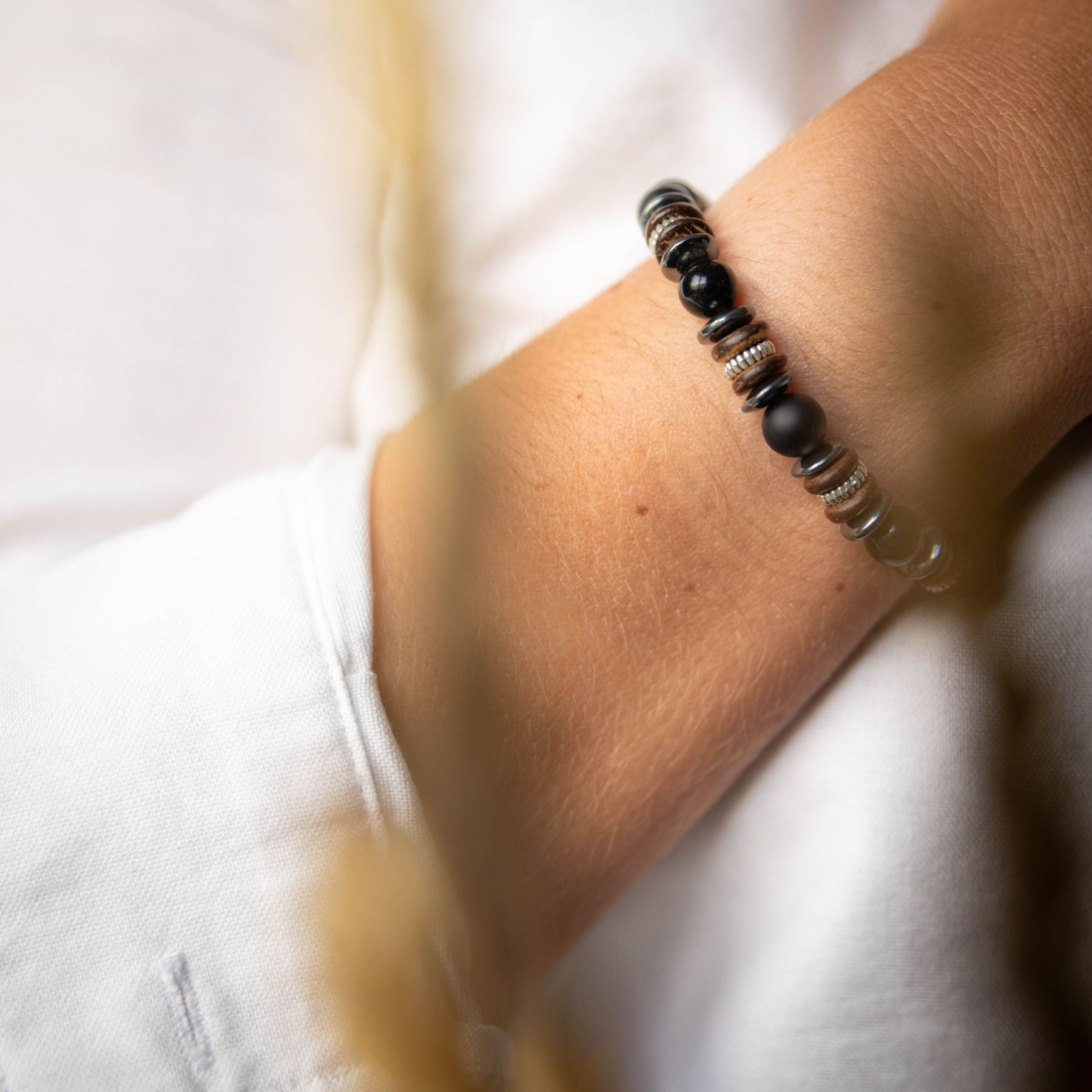 Bracelet en Obsidienne dorée, Agate, Hématite et bois