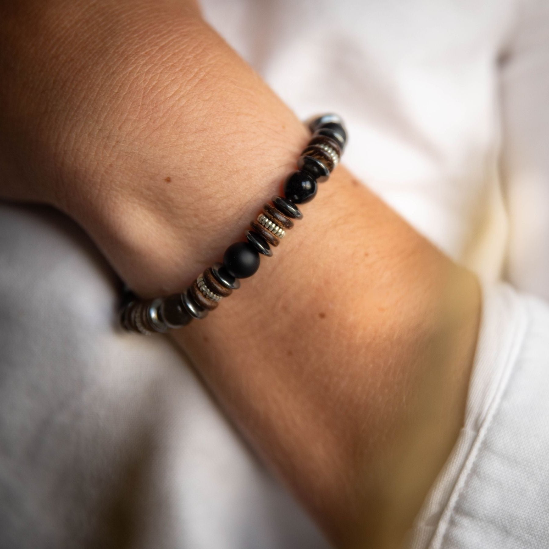 Bracelet en Obsidienne dorée, Agate, Hématite et bois