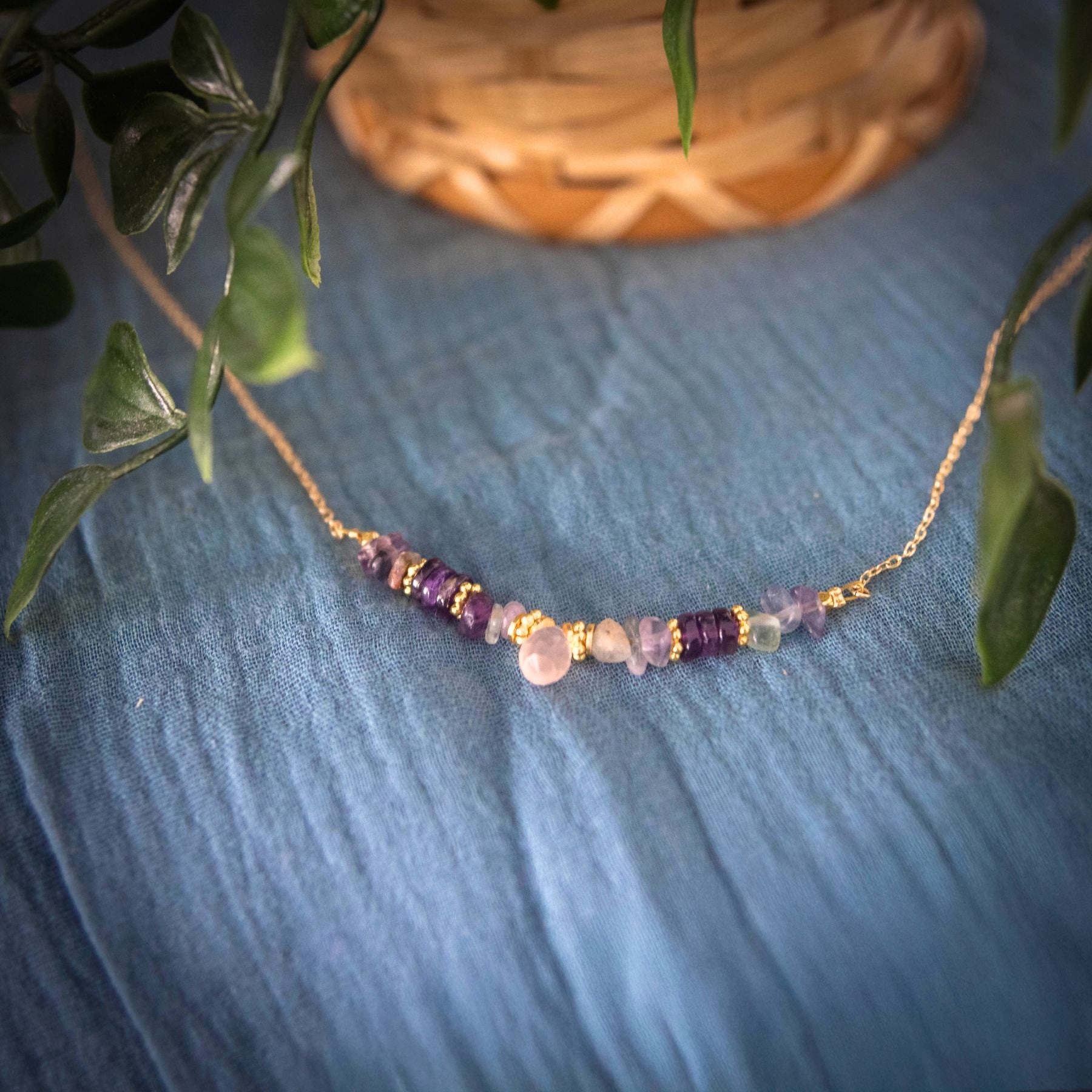 Collier en Quartz rose, Améthyste et Fluorite