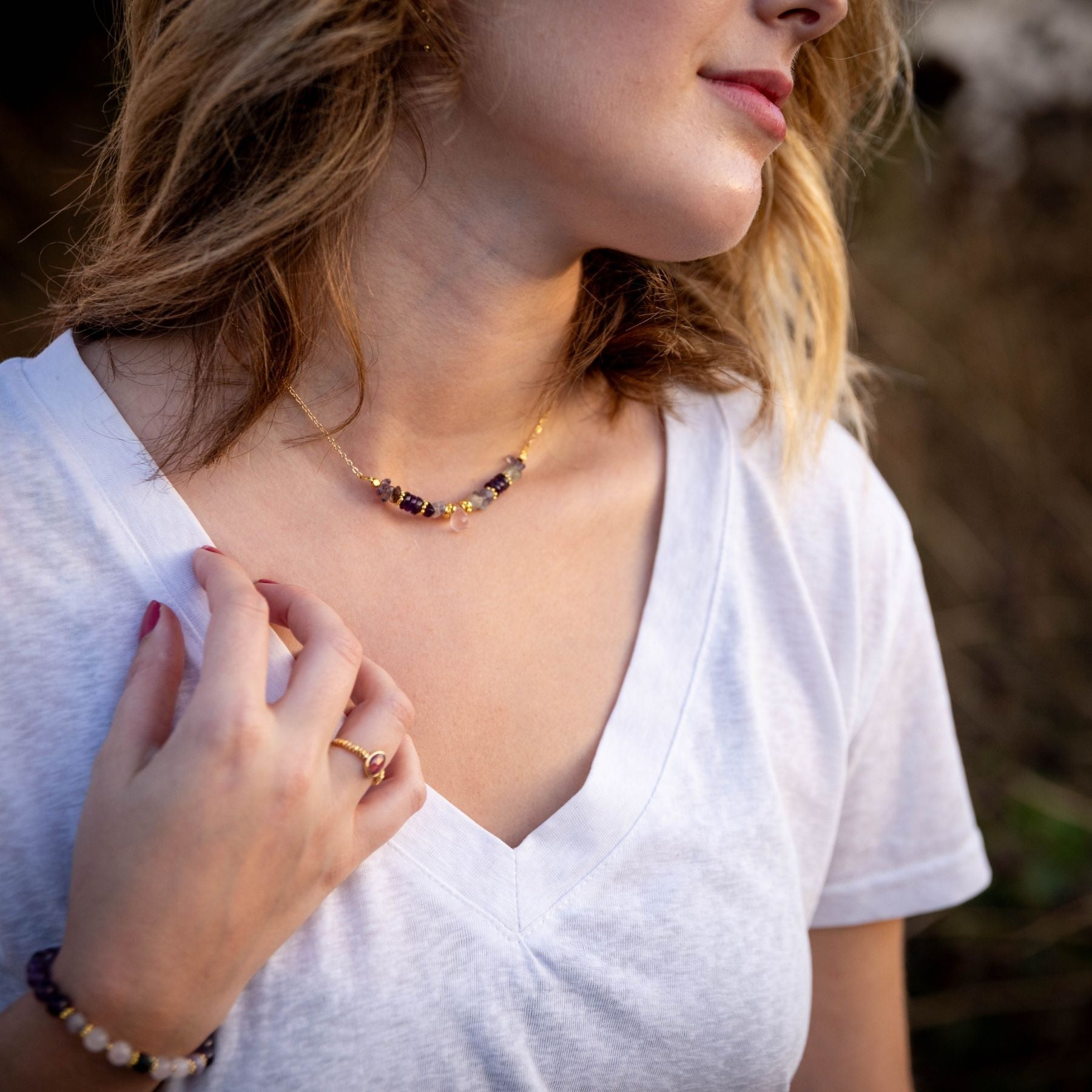 Collier en Quartz rose, Améthyste et Fluorite