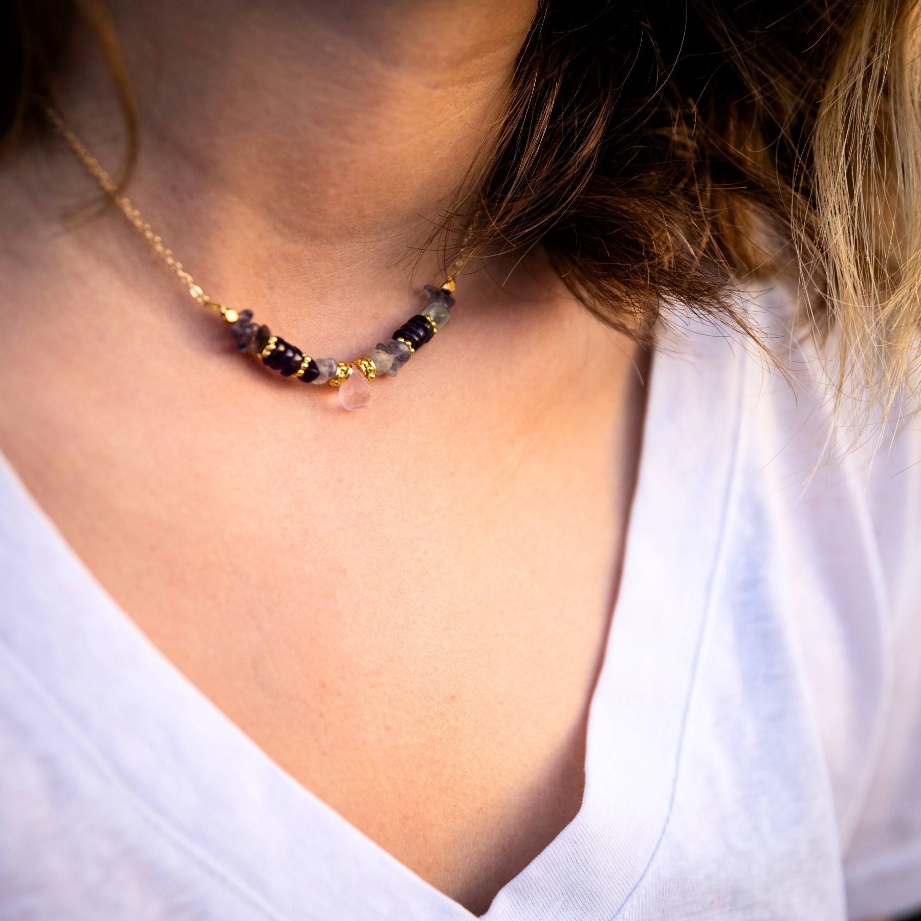 Collier en Quartz rose, Améthyste et Fluorite