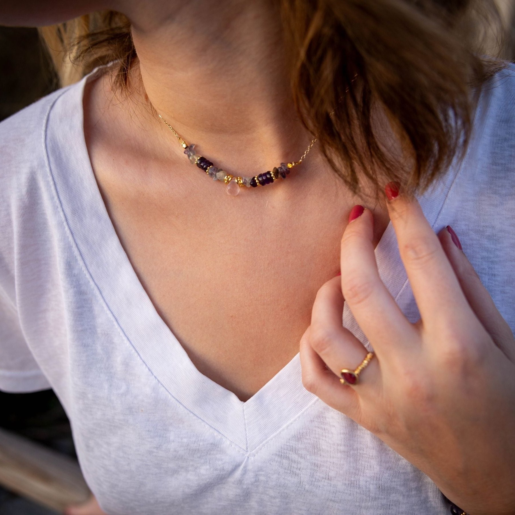 Collier en Quartz rose, Améthyste et Fluorite