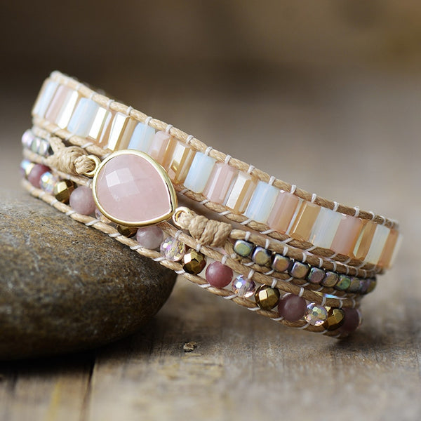 Bracelet wrap en Quartz rose et Cristal