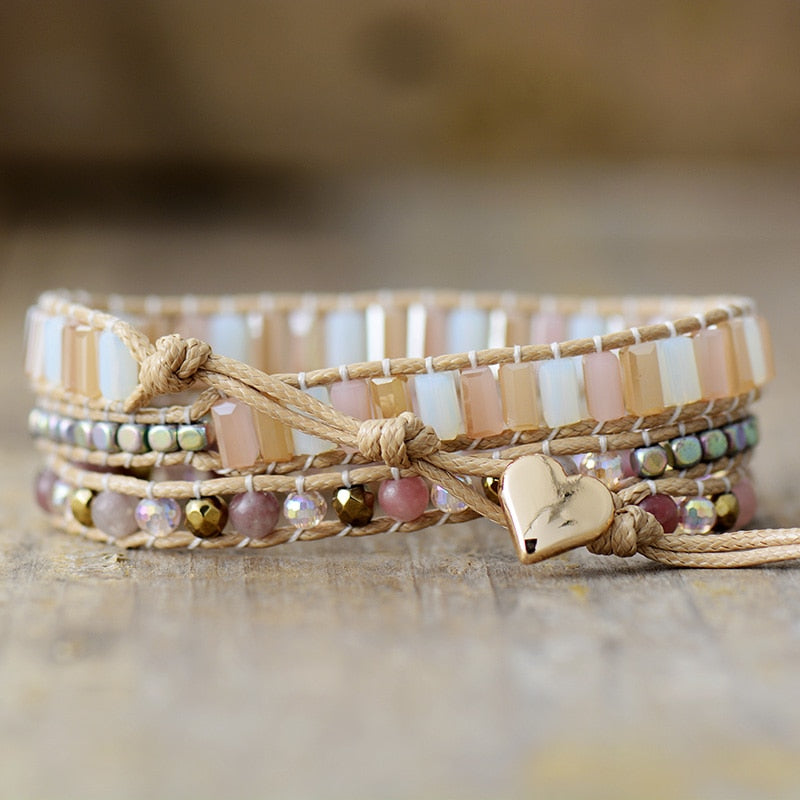 Bracelet wrap en Quartz rose et Cristal