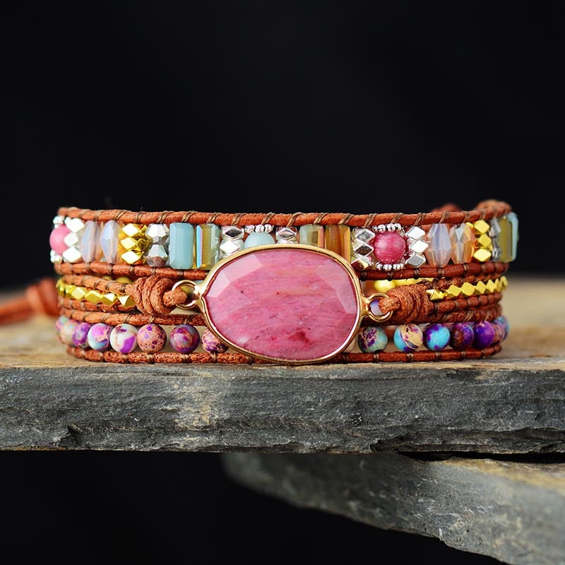 Bracelet wrap en Rhodonite, Cristal et Jaspe impérial