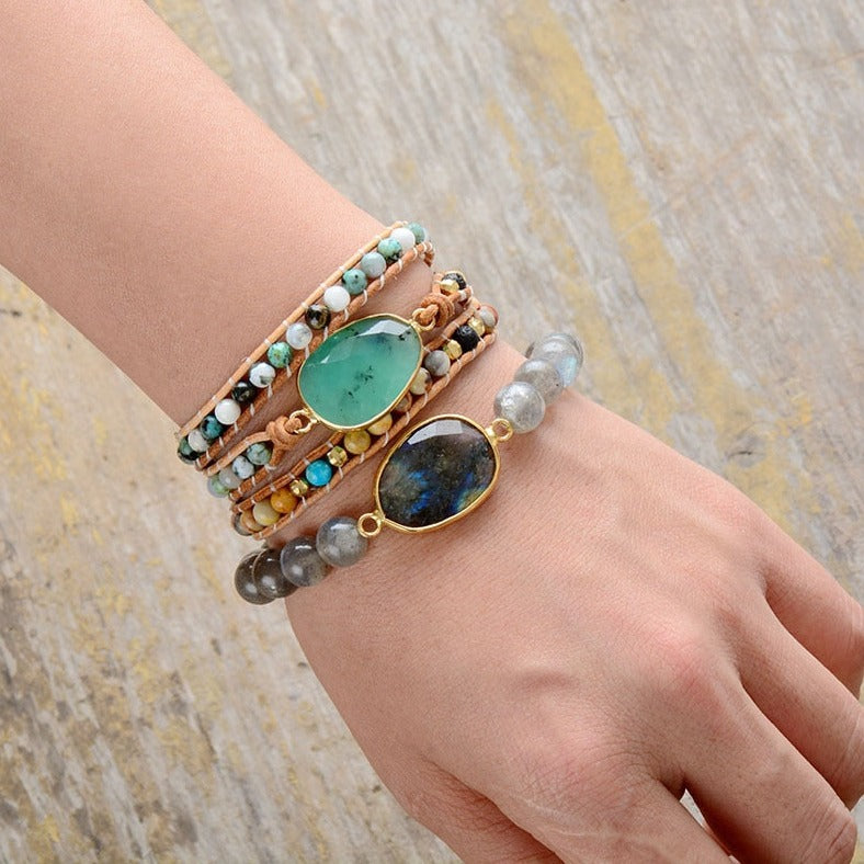 Bracelet wrap en Jade, Turquoise africaine et Pierre de lave