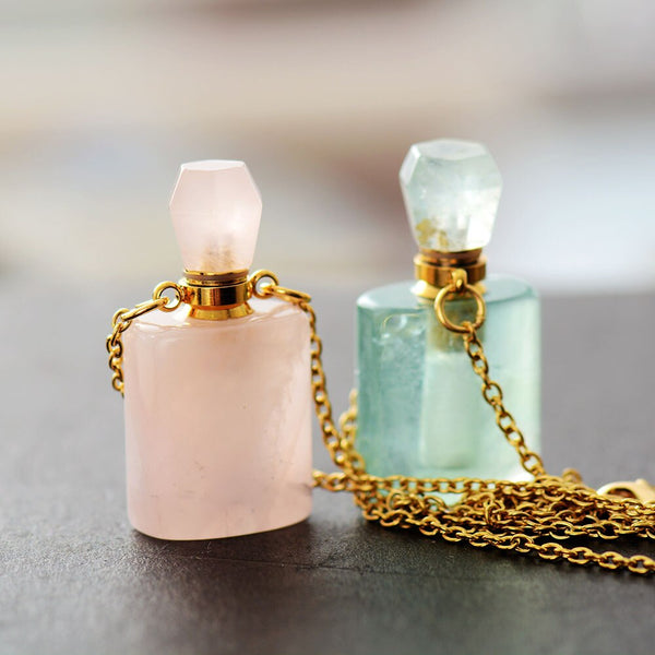 Collier diffuseur de parfum en Quartz rose / Aventurine verte
