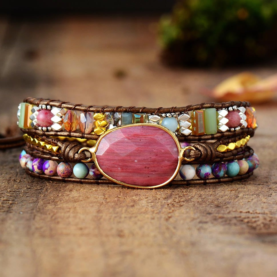 Bracelet wrap en Rhodonite, Cristal et Jaspe impérial