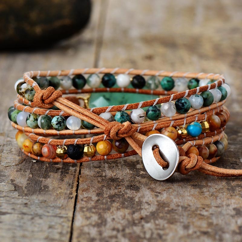 Bracelet wrap en Jade, Turquoise africaine et Pierre de lave