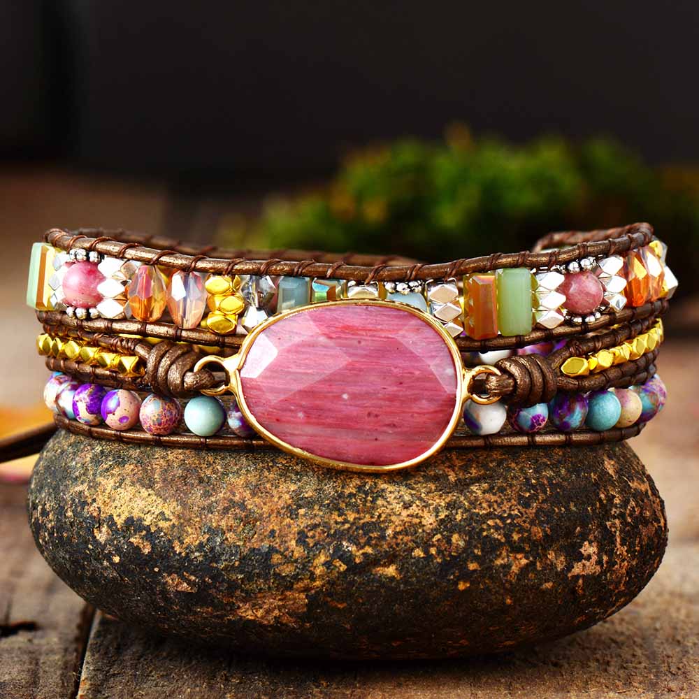 Bracelet wrap en Rhodonite, Cristal et Jaspe impérial