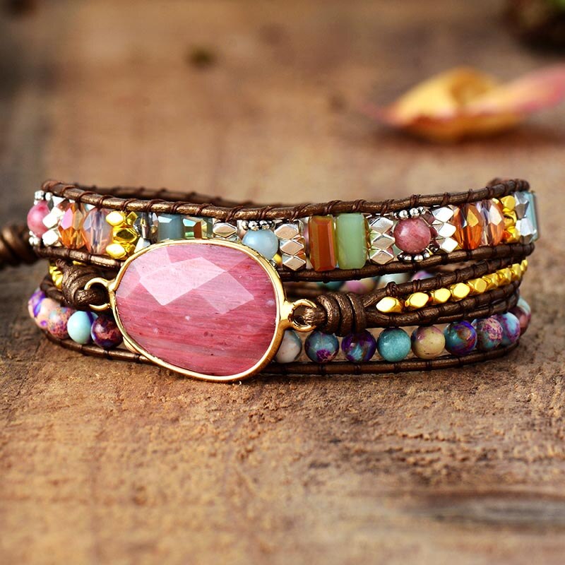 Bracelet wrap en Rhodonite, Cristal et Jaspe impérial