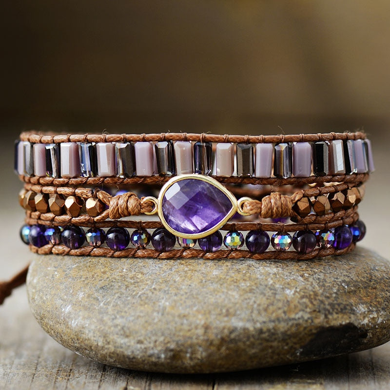 Bracelet wrap en Améthyste et Cristal