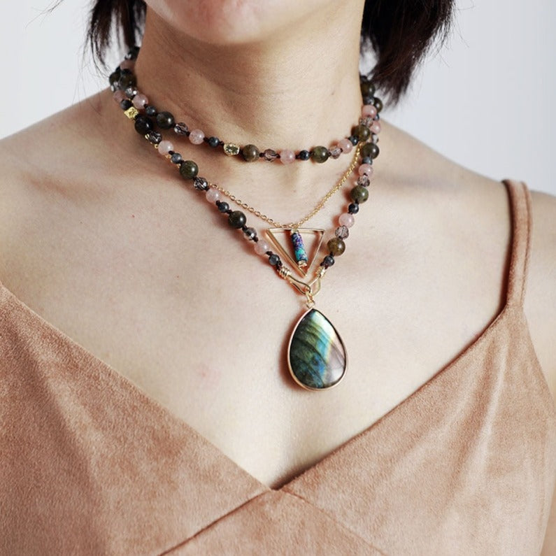 Collier en Labradorite, Quartz fraise et Cristal