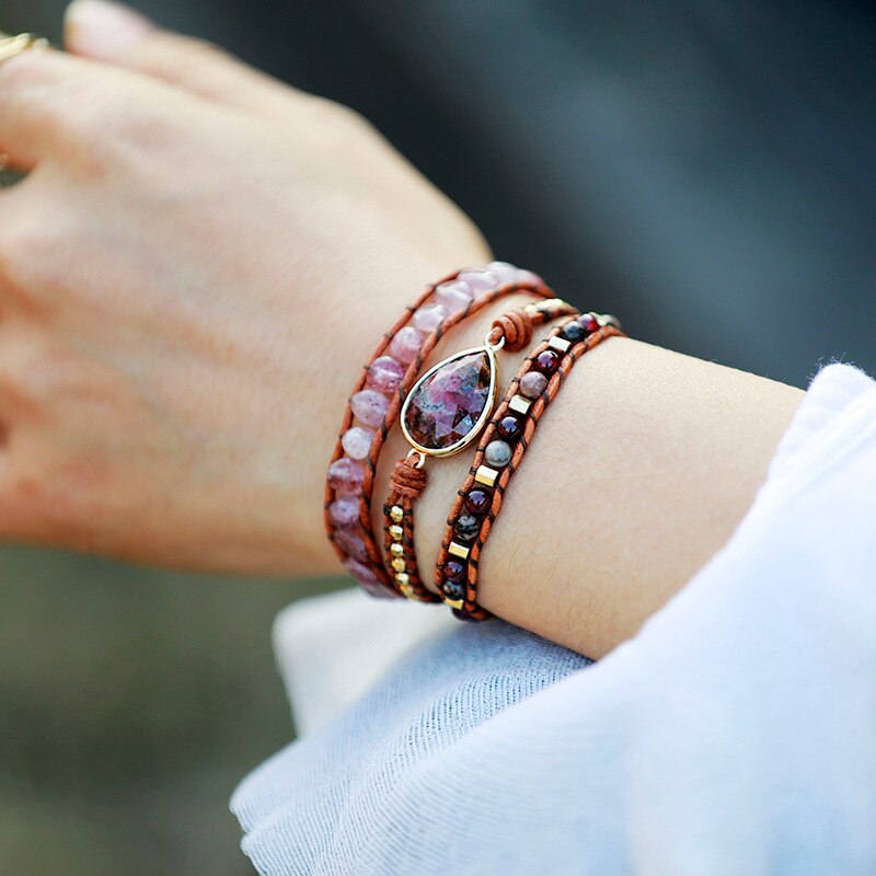 Bracelet wrap en Rhodonite et Quartz