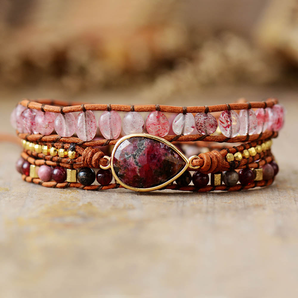 Bracelet wrap en Rhodonite et Quartz