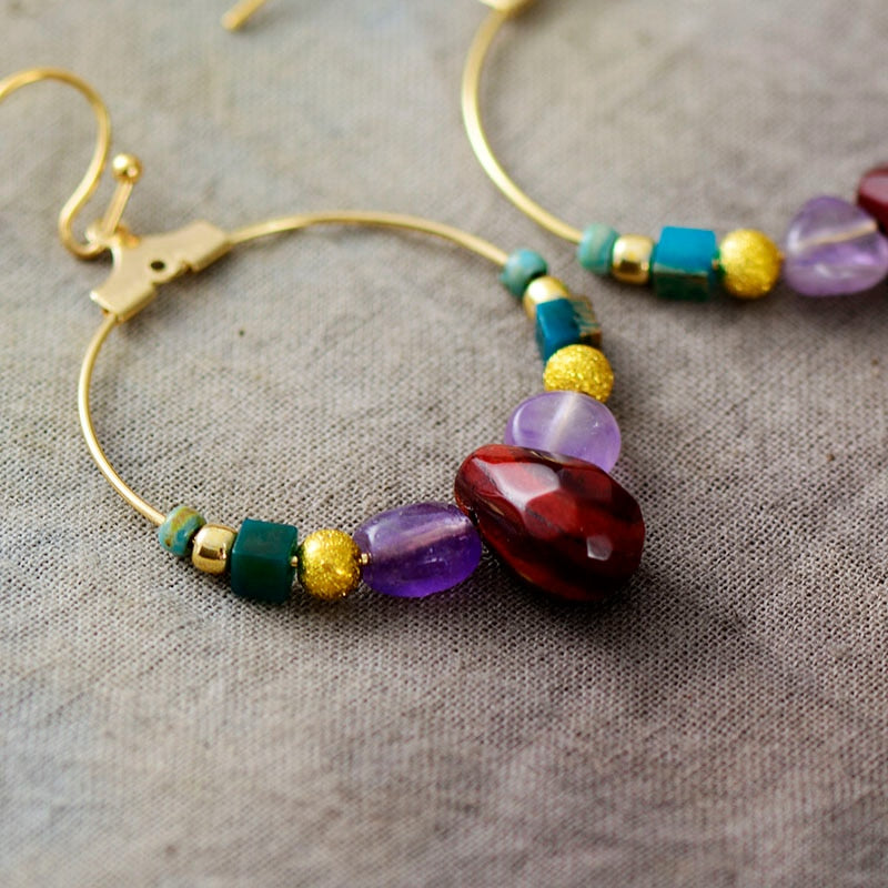 Boucles d'oreilles en Jaspe rouge, Turquoise et Améthyste