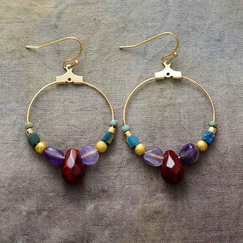 Boucles d'oreilles en Jaspe rouge, Turquoise et Améthyste