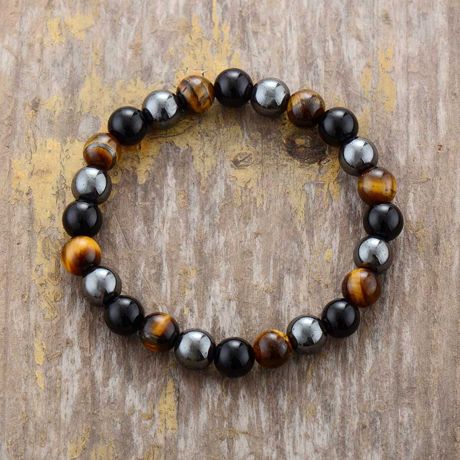 Bracelet en Œil de tigre, Agate noire et Hématite