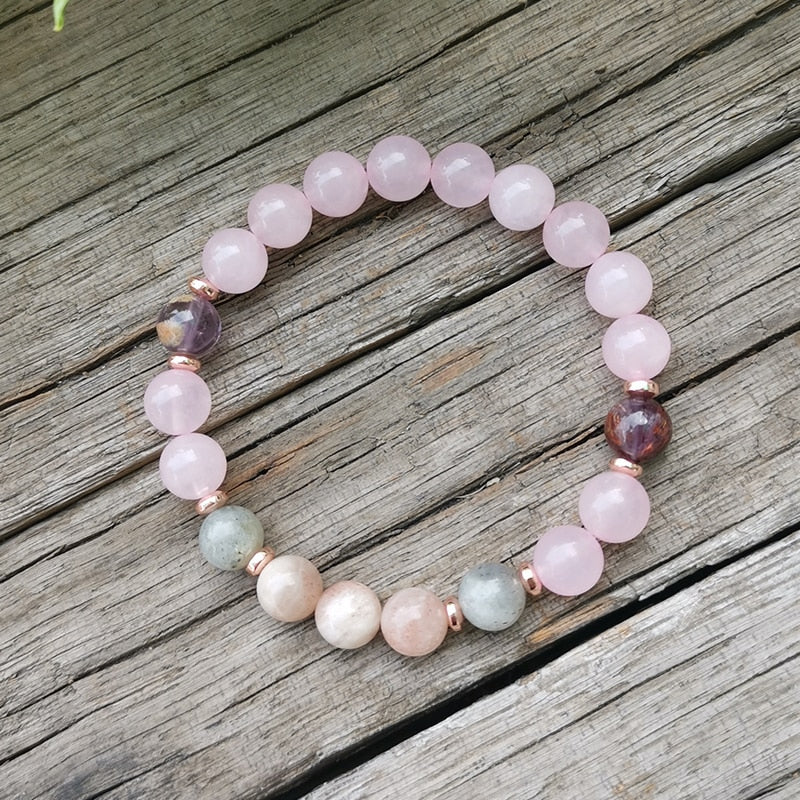 Bracelet "Gaieté" en Améthyste, Labradorite, Quartz rose et Pierre de soleil