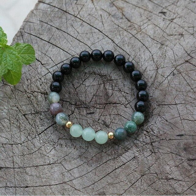 Bracelet "Abondance" en Onyx, Agate indienne et Aventurine verte