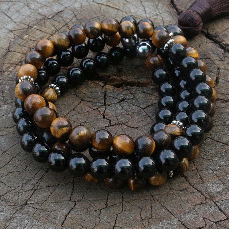 Collier "Optimisme" en Œil de tigre, Onyx et Hématite