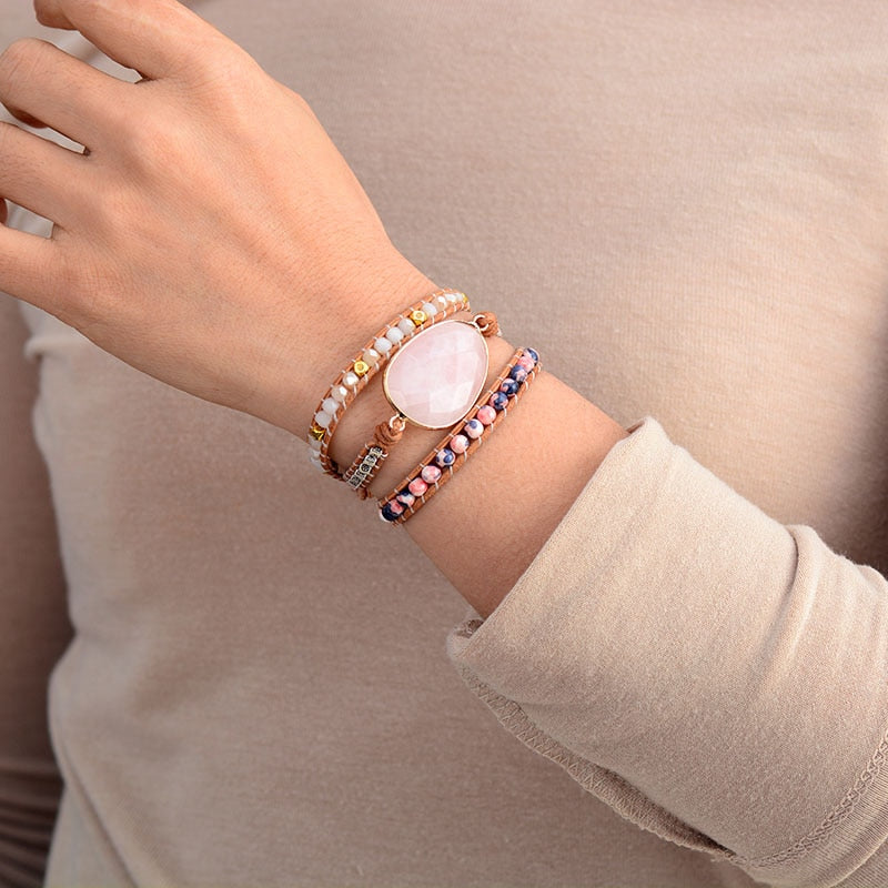 Bracelet wrap "Croissance" en Quartz rose et Cristal