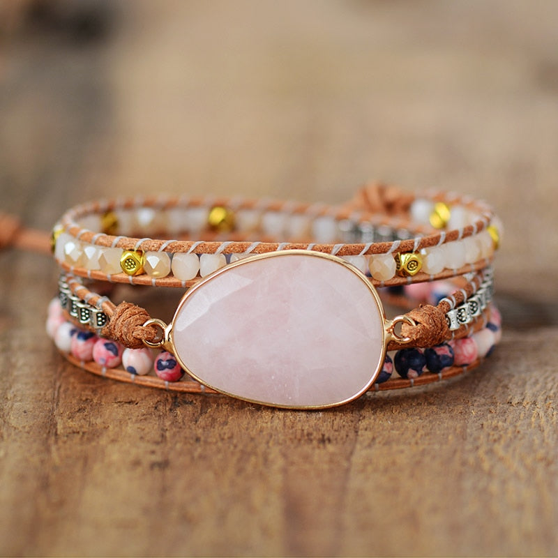 Bracelet wrap "Croissance" en Quartz rose et Cristal