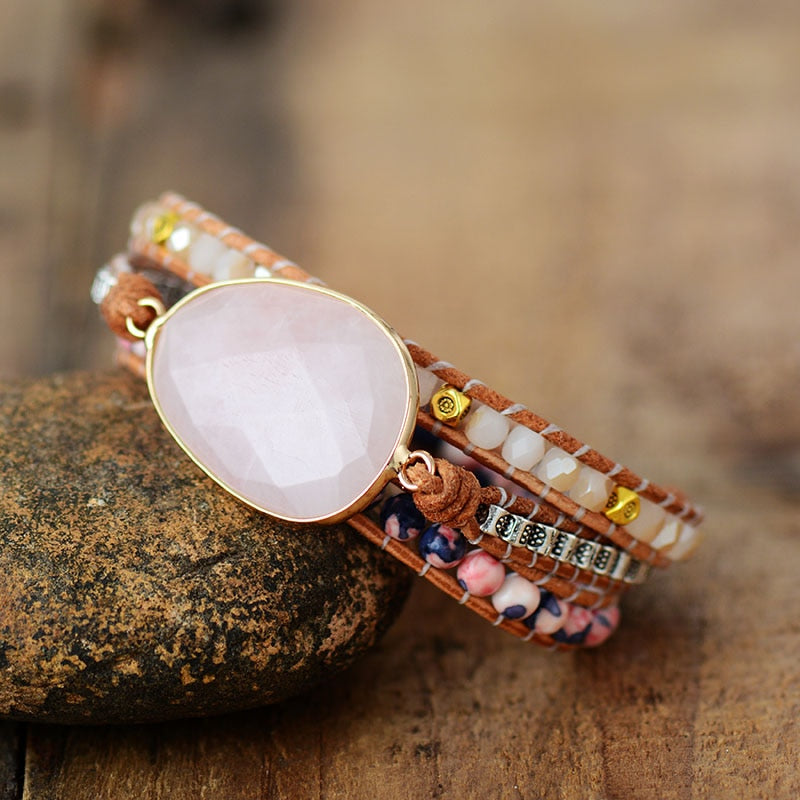 Bracelet wrap "Croissance" en Quartz rose et Cristal