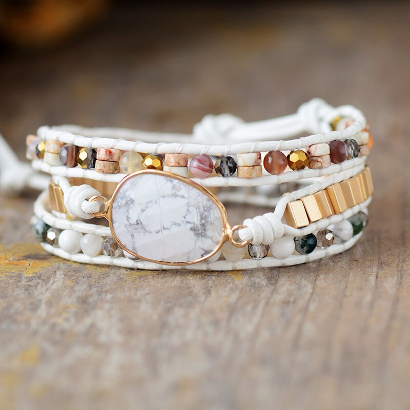 Bracelet wrap en Howlite, Cristal et Quartz