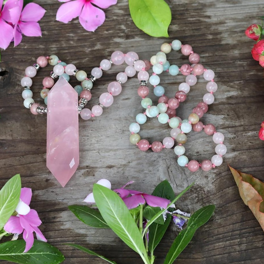 Collier "Affectif" en Quartz rose, Rhodonite et Amazonite