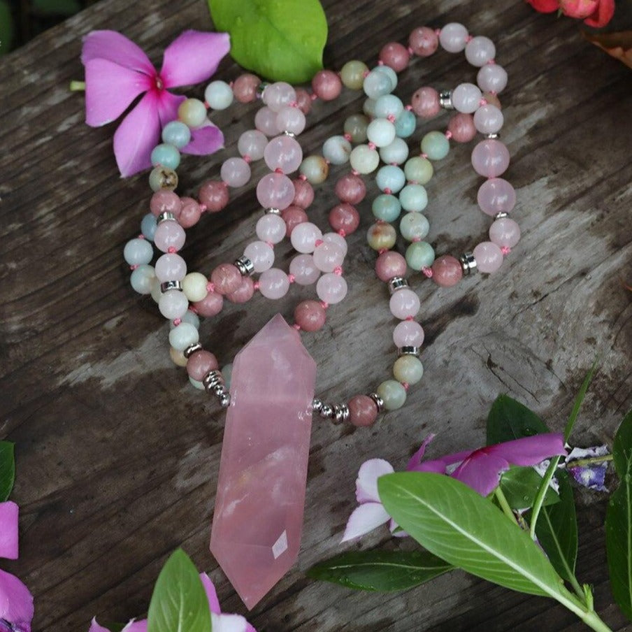 Collier "Affectif" en Quartz rose, Rhodonite et Amazonite