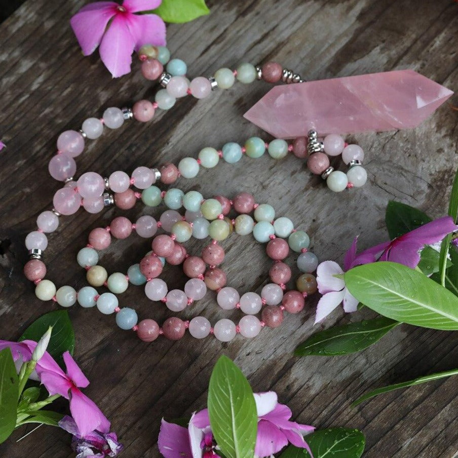 Collier "Affectif" en Quartz rose, Rhodonite et Amazonite