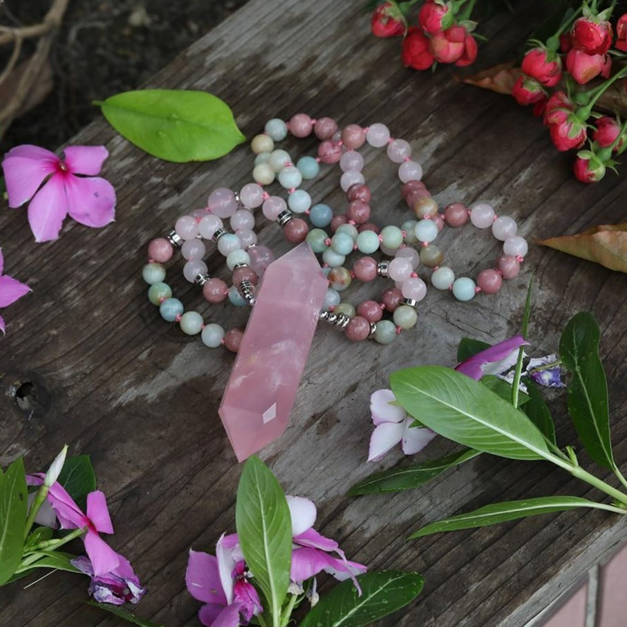 Collier "Affectif" en Quartz rose, Rhodonite et Amazonite