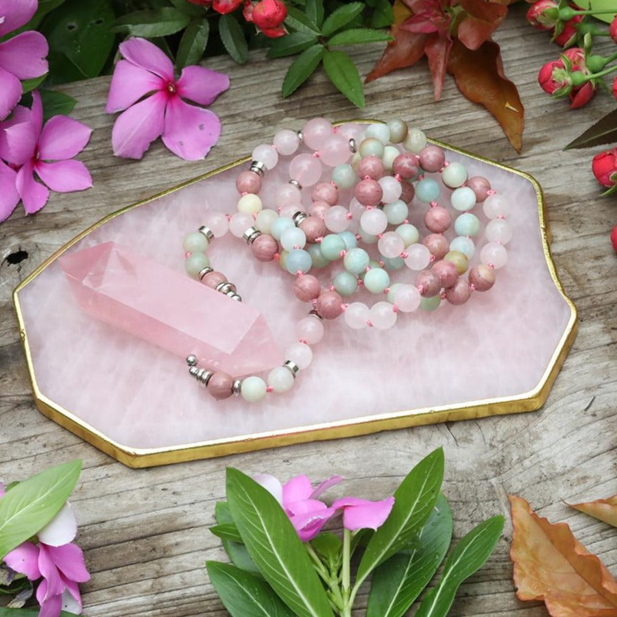 Collier "Affectif" en Quartz rose, Rhodonite et Amazonite