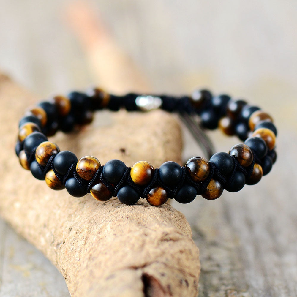 Bracelet wrap "Aphrodite" en Œil de tigre et Onyx