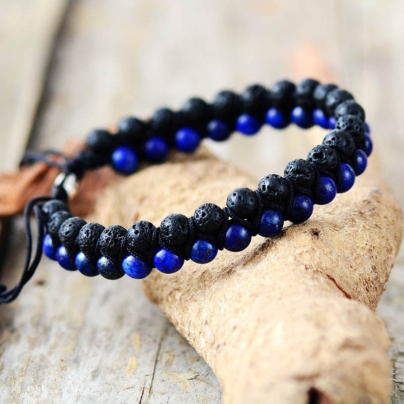 Bracelet wrap "Terrestre" en Pierre de lave et Lapis-lazuli