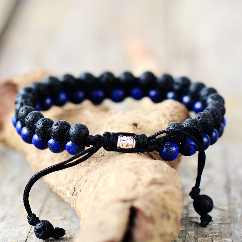 Bracelet wrap "Terrestre" en Pierre de lave et Lapis-lazuli