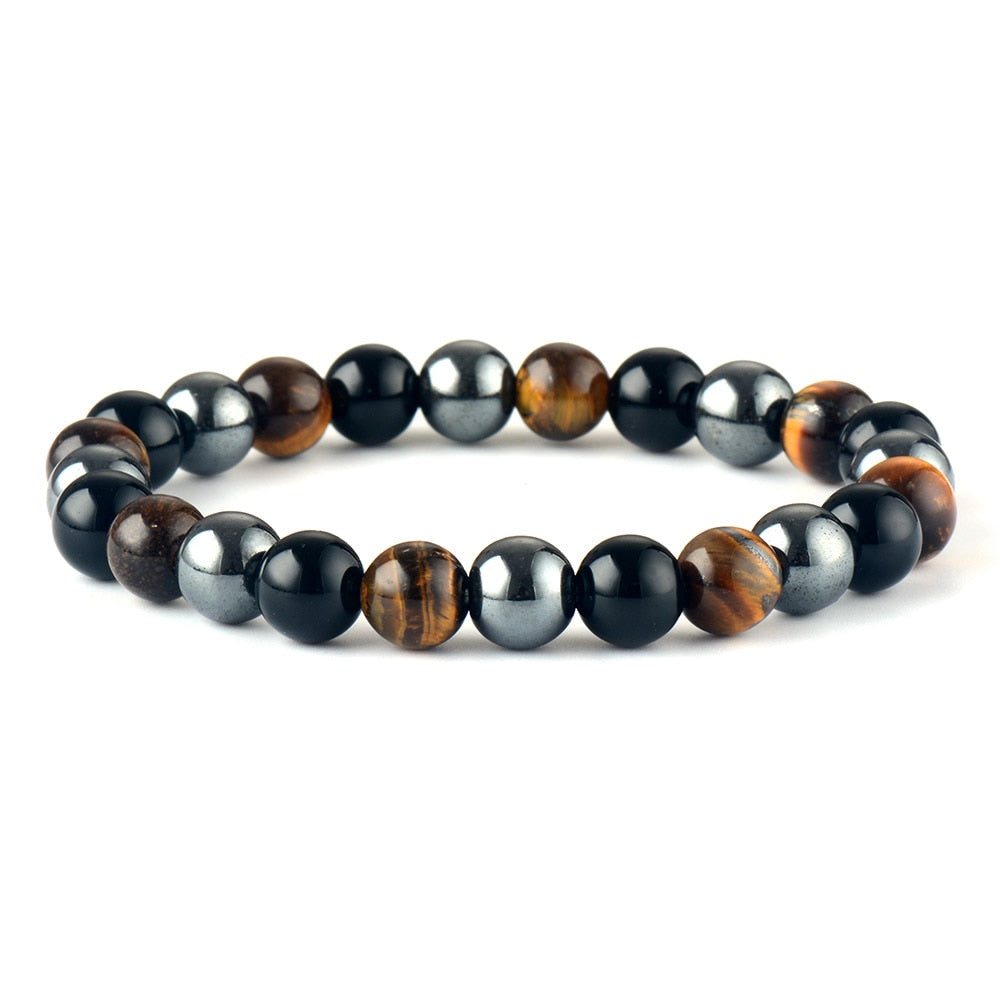 Bracelet en Œil de tigre, Agate noire et Hématite