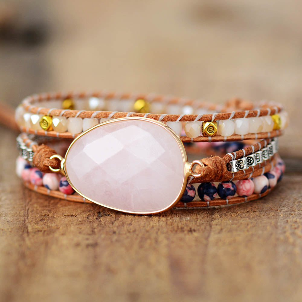 Bracelet wrap "Croissance" en Quartz rose et Cristal