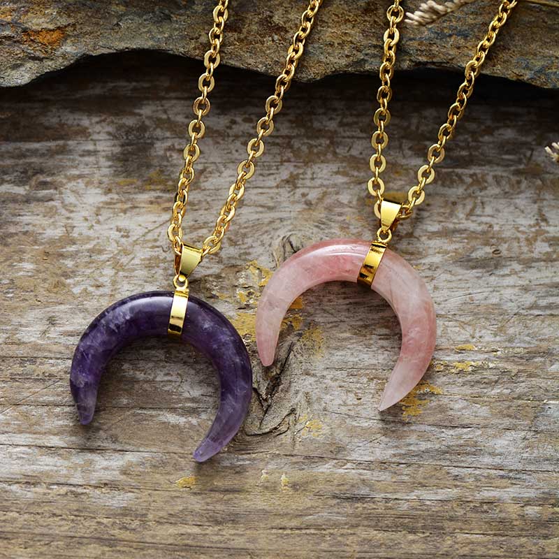 Collier "Lune" en Améthyste / Quartz rose