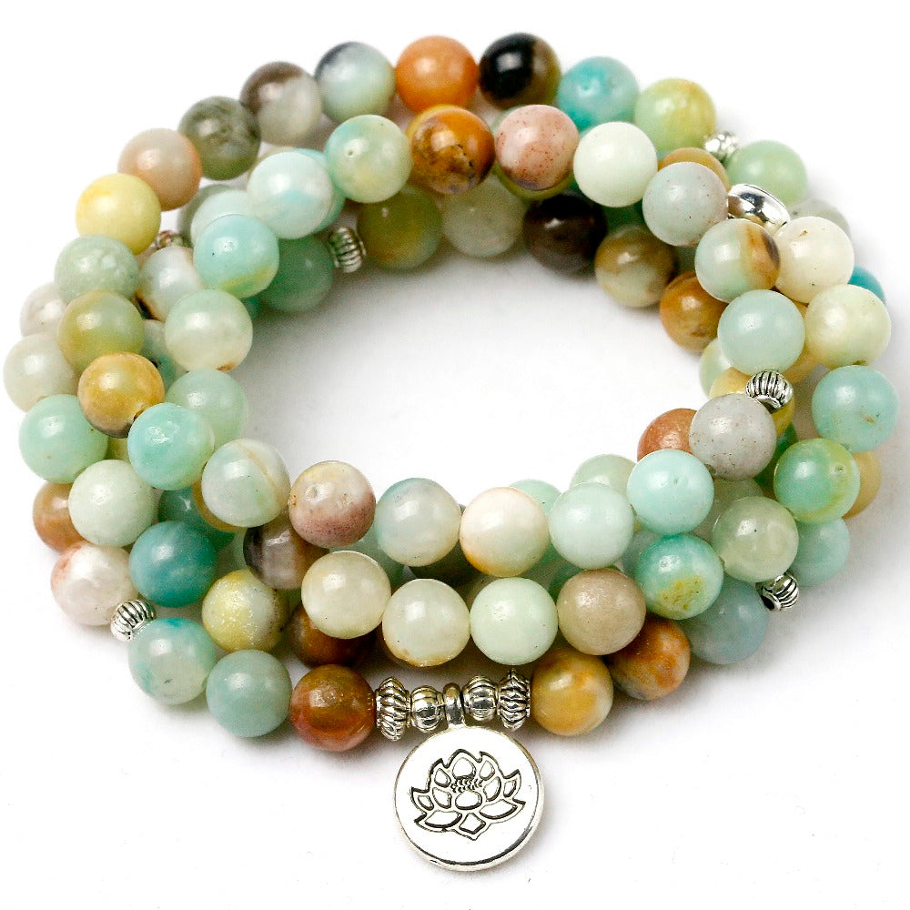 Bracelet mala "Lotus" en pierre Amazonite avec charm